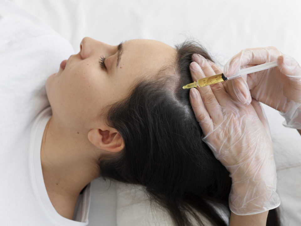 A dermatologist in Mumbai performing PRP treatment for hair loss, highlighting the clinical setting and patient care.