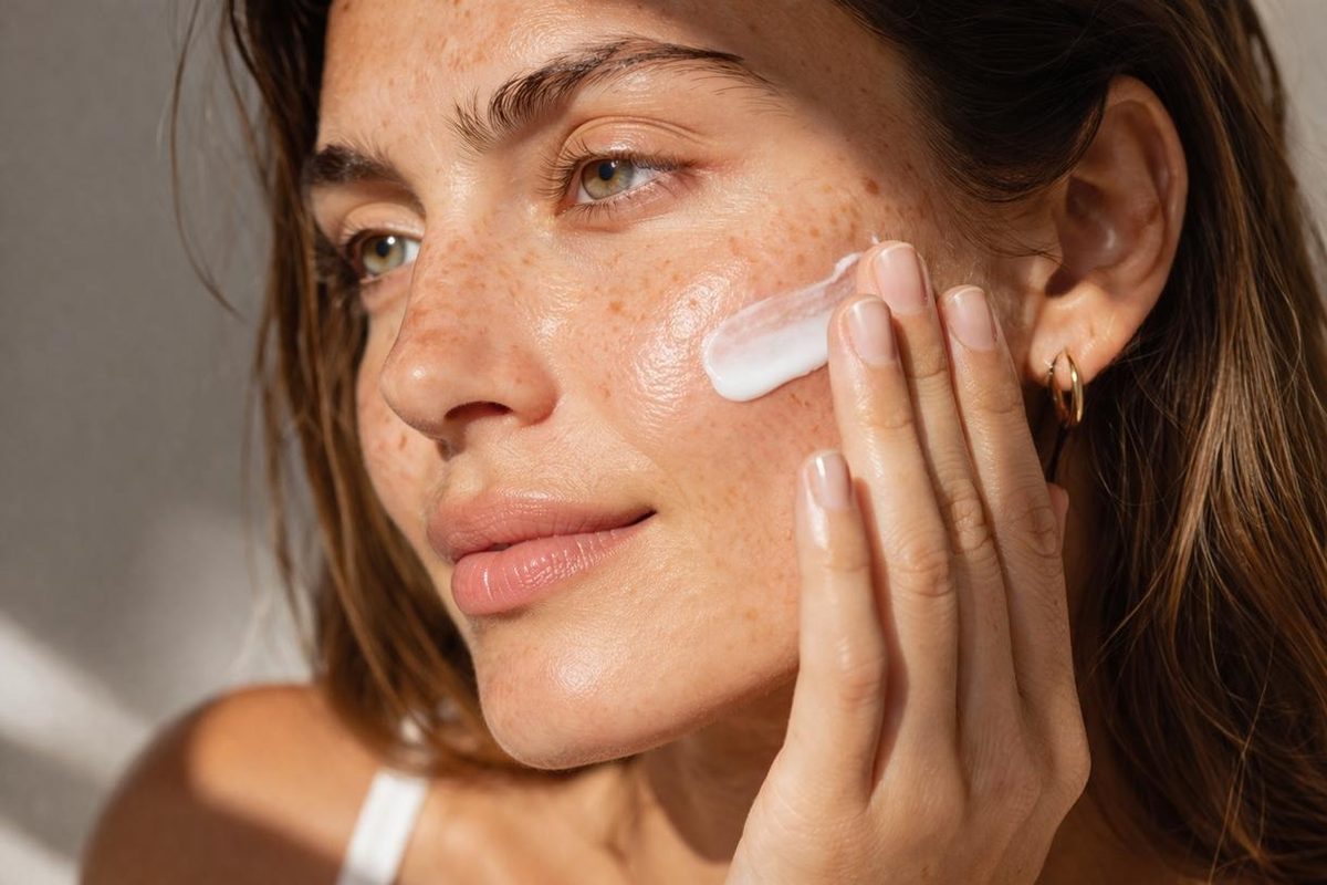 Applying lightweight moisturiser to acne-prone facial skin